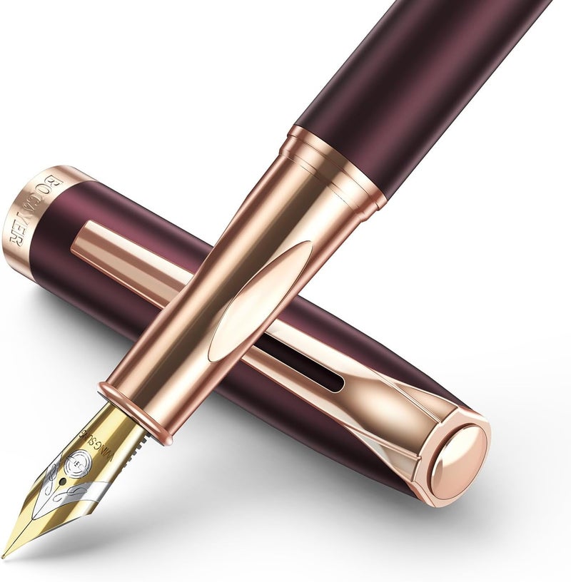 BOCIYER samurai Fountain Pen Set,Hand Polished Medium Nib,Calligraphy Nib(Bent Nib),Includes 8 Ink Cartridges,Ink Refill Converter*2 And Gift Box,Best Pen Gift Set for Men & Women(Dark red) - Image 1